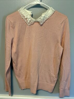 Cable & Gauge Pink Crewneck Sweater with Lace Peter Pan Collar